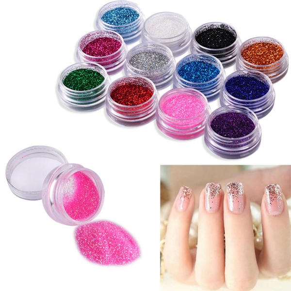 12 bokser med glitter til neglepynt Multicolor