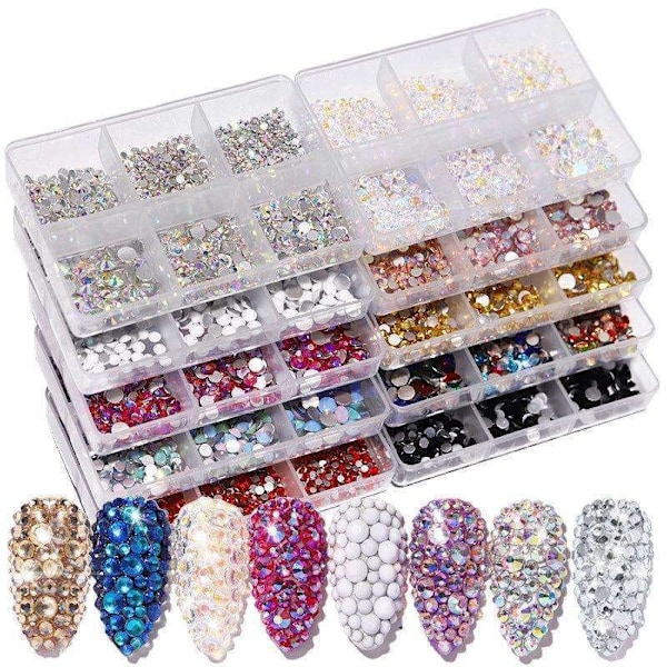 6st Rhinestone i olika storlekar - Zirkon - Nageldekorationer Silverglas