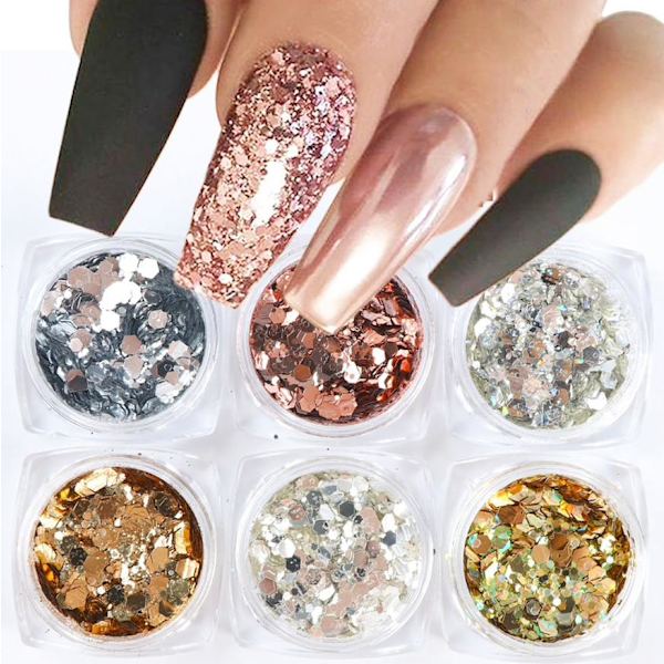 6 stk negle glitter glitter, Negle dekorationer Multicolor