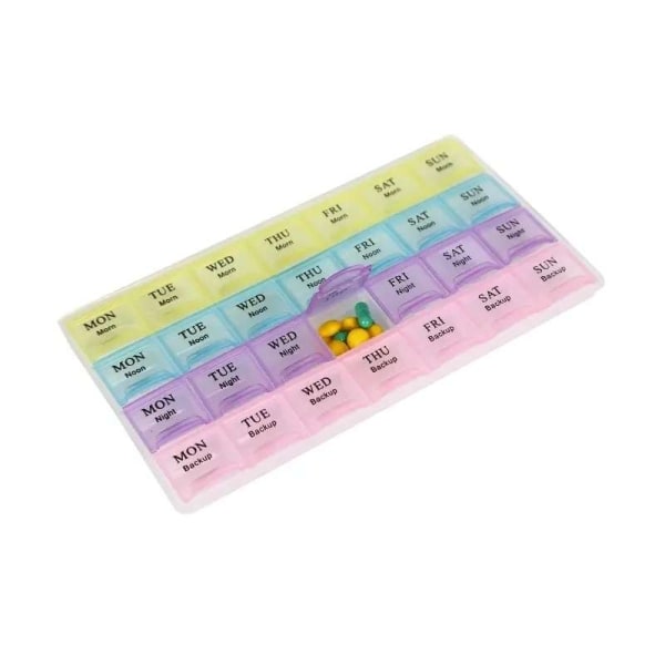 Käytännön 28 lokeron lääketablettikotelo Dosett Multicolor