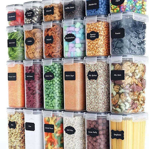 Organiserede pantry-opbevaringsbeholdere - 24-pak med lufttætte låg og etiketter Transparent