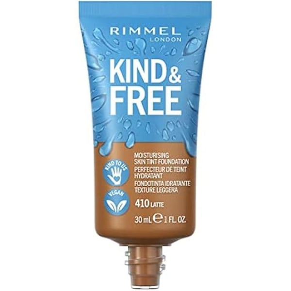 Foundation - RIMMEL - Kind & Free - 410 Latte - 100% Vegan - Känslig hud - Återfuktande Latte