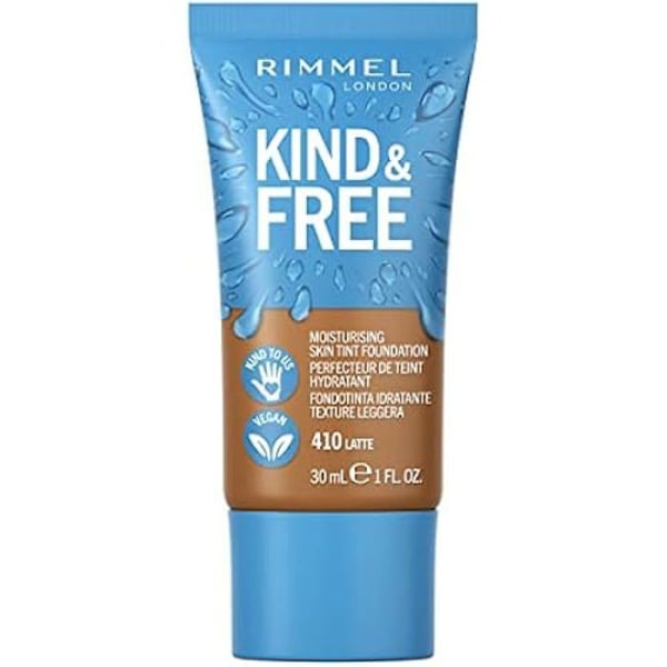 Foundation - RIMMEL - Kind & Free - 410 Latte - 100% Vegan - Känslig hud - Återfuktande Latte