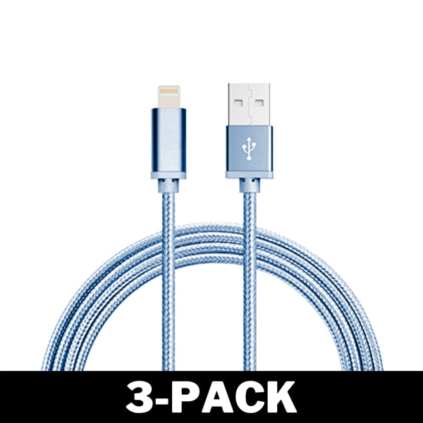 2M Kabel iPhone Laddare Nylon Quick Charge Blå 3-Pack