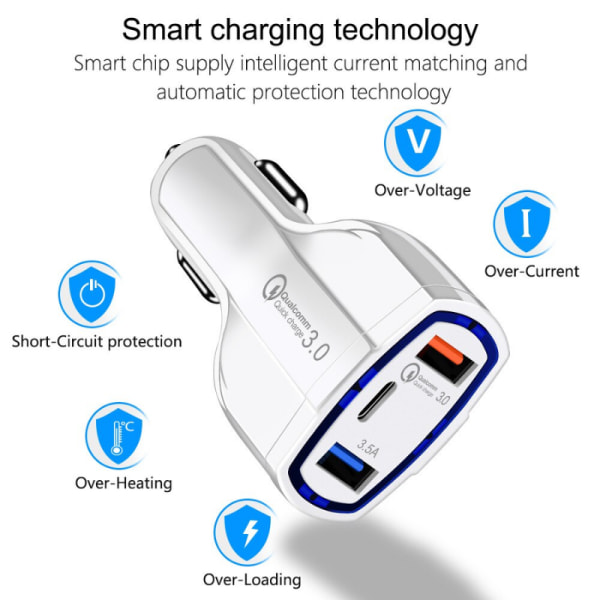 Billaddare Quick Charge PD med USB-C & 2x USB Uttag Vit 1-Pack