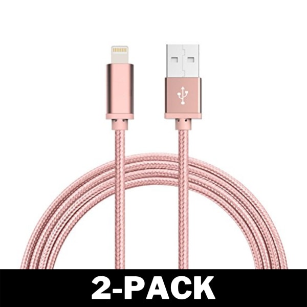 1M Kabel iPhone Laddare Nylon Quick Charge Rosé Guld 2-Pack
