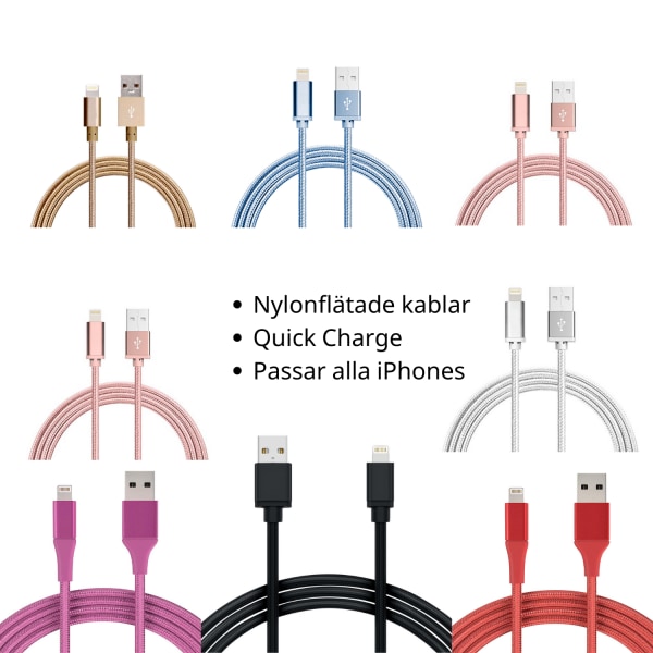 2M Kabel iPhone Laddare Nylon Quick Charge Flera Färger Röd