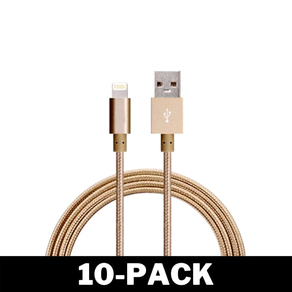 1M Kabel iPhone Laddare Nylon Quick Charge Guld 10-Pack
