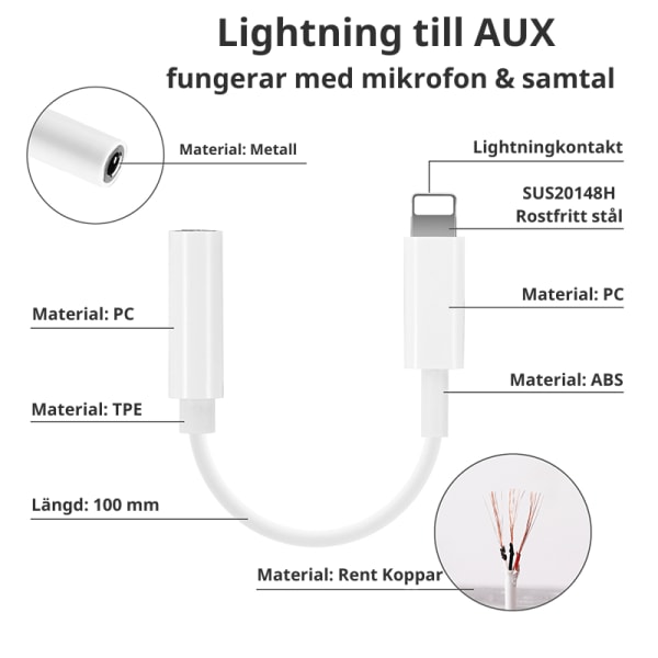 Lightning / USB-C till AUX Adapter 3,5 mm Paket LightningAUXMikrofon3Pack