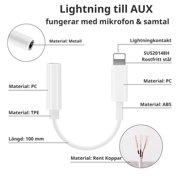 Lightning / USB-C till AUX Adapter 3,5 mm Paket LightningAUXMikrofon10Pack