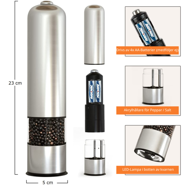 Elektrisk Salt & Pepparkvarn med LED-Lampa Rostfritt Stål 1-Pack