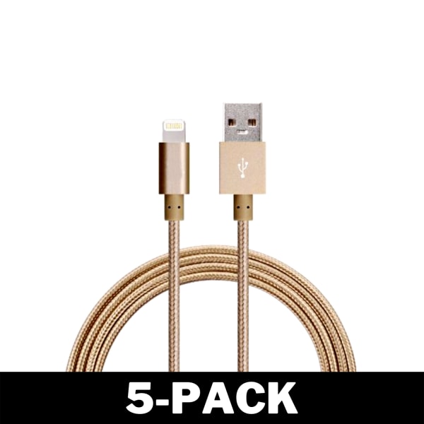 1M Kabel iPhone Laddare Nylon Quick Charge Guld 5-Pack