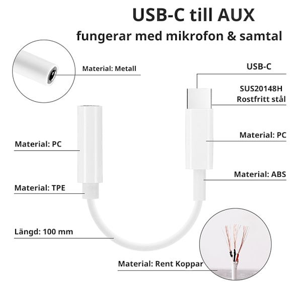 Lightning / USB-C till AUX Adapter 3,5 mm Paket USBCAUX10Pack