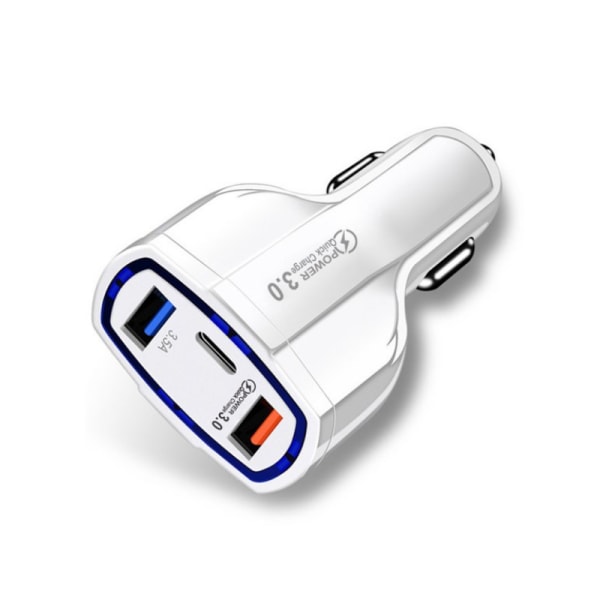 Stilren Billaddare Quick Charge med USB-C & 2x USB Uttag Vit