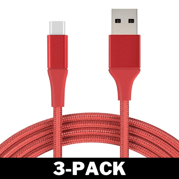 1M USB till USB-C Kabel Nylon Quick Charge Röd 3-Pack