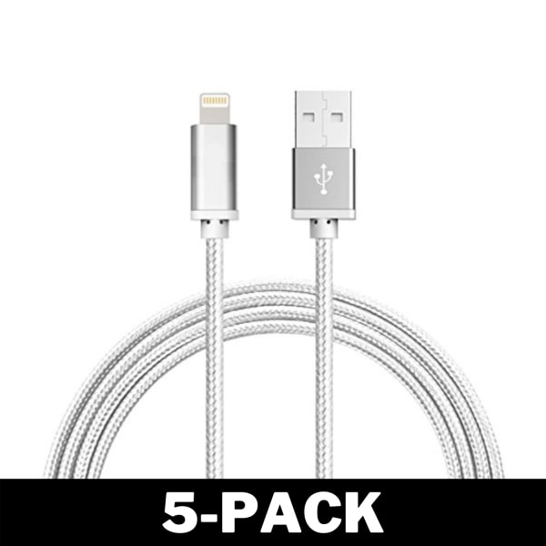 2M Kabel iPhone Laddare Nylon Quick Charge Silver 5-Pack
