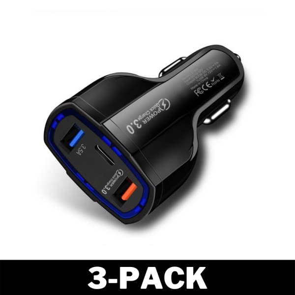 Billaddare Quick Charge PD med USB-C & 2x USB Uttag Svart 3-Pack