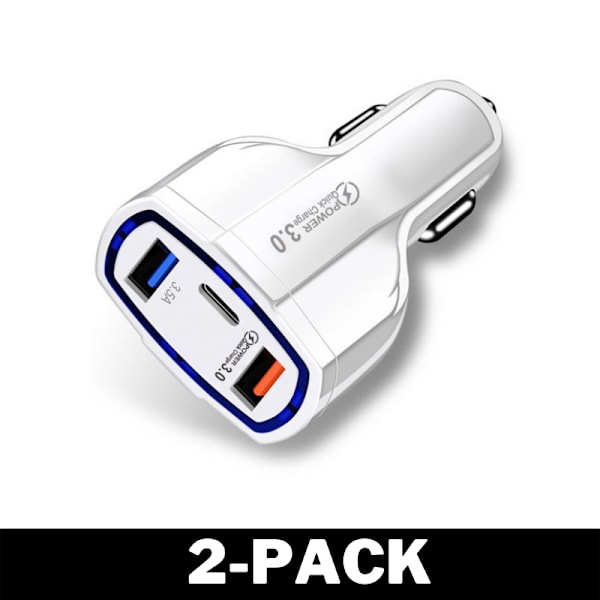 Billaddare Quick Charge PD med USB-C & 2x USB Uttag Vit 2-Pack