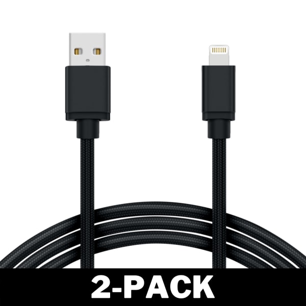 1M Kabel iPhone Laddare Nylon Quick Charge Svart 2-Pack