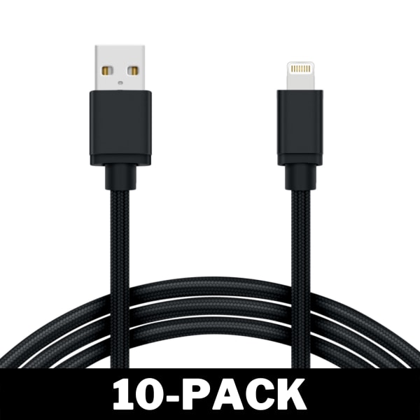 2M Kabel iPhone Laddare Nylon Quick Charge Svart 10-Pack