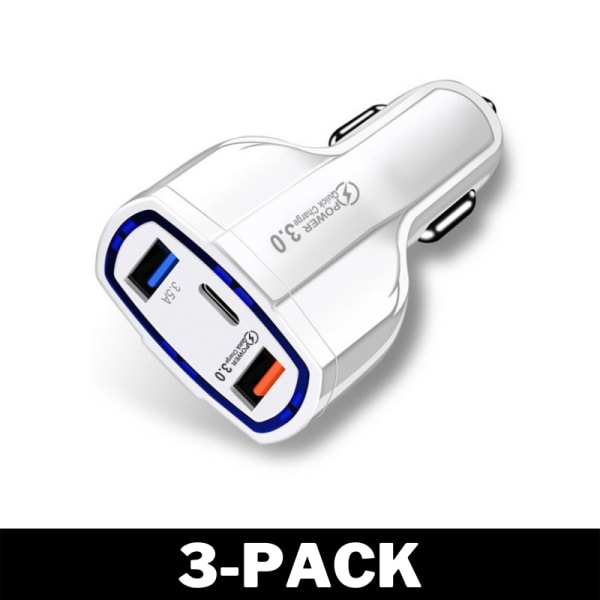 Billaddare Quick Charge PD med USB-C & 2x USB Uttag Vit 3-Pack