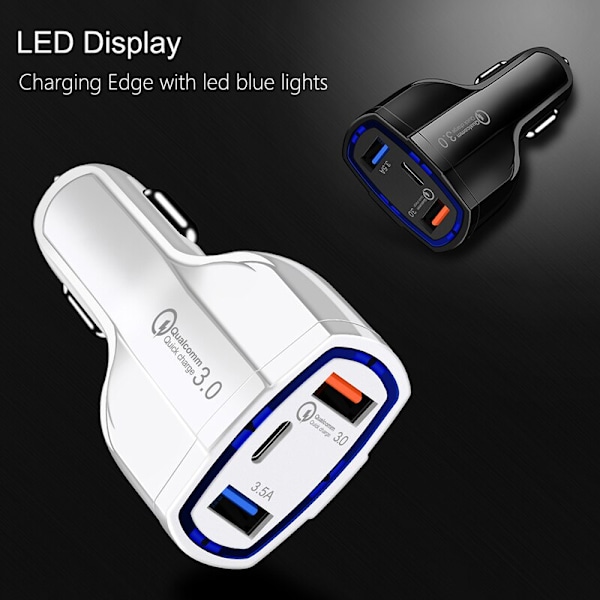 Billaddare Quick Charge PD med USB-C & 2x USB Uttag Vit 2-Pack