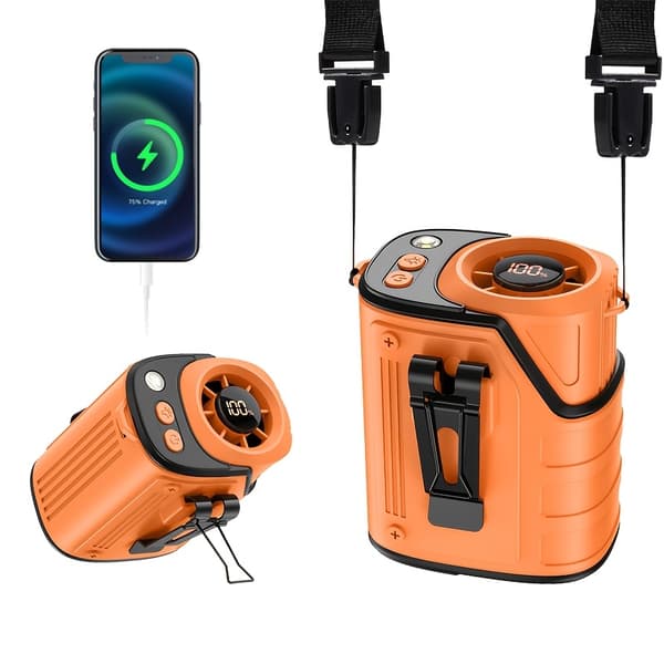 3-i-1 Bærbar Taljehængende Ventilator, USB Genopladelig Køleventilator med LED-display, 3600mAh Batteri & Lommelygte til Udendørs Arbejde & Camping Black