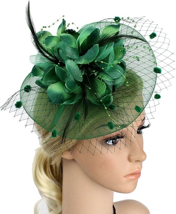 Fascinator Pillbox Hat til kvinder, blomster bowlerhat, fjer bryllupscocktailhat, hårklemme festhat, hårtilbehør med hårstrand (grøn) grøn green