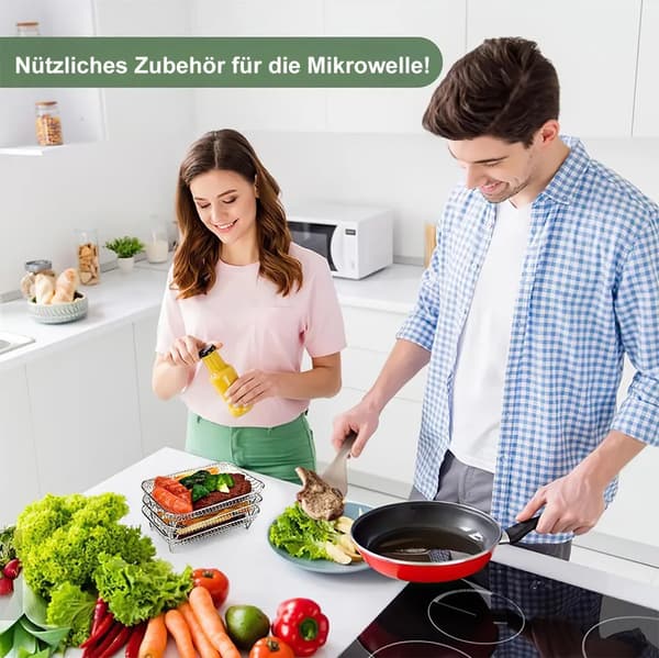 Airfryer-tilbehør, laget av rustfritt stål, med et trelagsgitter, oljeavrenningsbrett og grillrist, robust og holdbart.