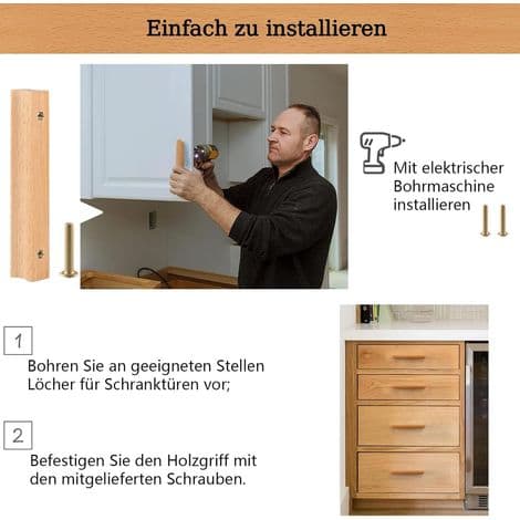 Set med 6 möbelhandtag i trä med skruvar, 96 mm hålavstånd, lådhandtag, träfärg