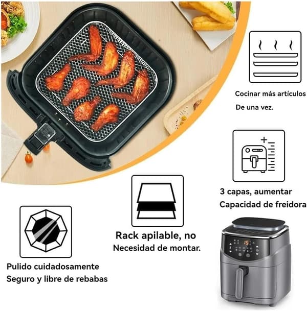 Dobbeltlags Airfryer-stativ med dampbrett - Stablebart kokestativ i rustfritt stål med 4 pinner for multifunksjonelt airfryer-tilbehør