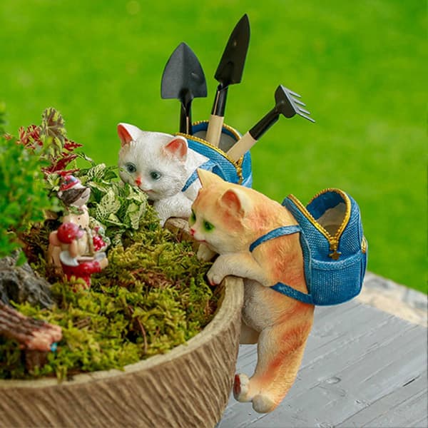 Miniatyr Väderbeständig Kattstaty för Trädgård - 10cm Ryggsäcksstorlek