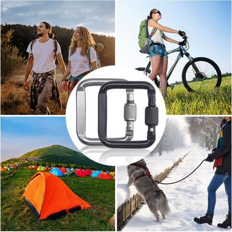 PCS-karbinhake, aluminiumkarbinhake, klätterkarbinhake med skruvlås, för utomhusbruk, camping, vandring, resor (silver, svart)