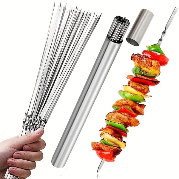 15 stk. grillspyd i rustfrit stål sæt med opbevaringsrør, genanvendelige flade grillpinde til kebab og camping