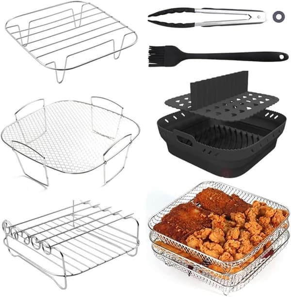 Dobbeltlags Airfryer-rist med dampbakke - Stabelbar madlavningsrist i rustfrit stål med 4 spyd til multifunktionelt Airfryer-tilbehør