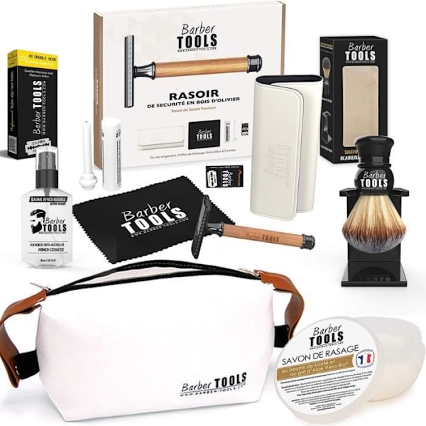 Barbersæt - Taske, Sikkerheds-/Sikkerhedsskraber, 40 dobbeltblade, Barberbørste & barbersæbe, aftershavebalsam, alunstift