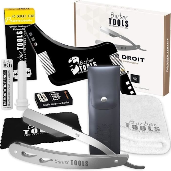 Barbersæt (6 PRODUKTER) - Barberskraber i stål med udskifteligt blad+kasse med 80 enkeltblade+alunstick+håndklæde..