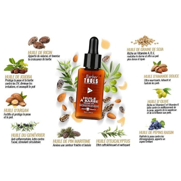 Skægolie | nr. 1 | med 100% naturlige olier 30ml - FREMSTILLET I FRANKRIG - Fremmer skægvækst
