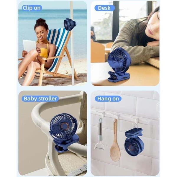 Mini bærbar clip-on ventilator. Lille genopladelig USB-bordventilator med tre hastigheder - blå.