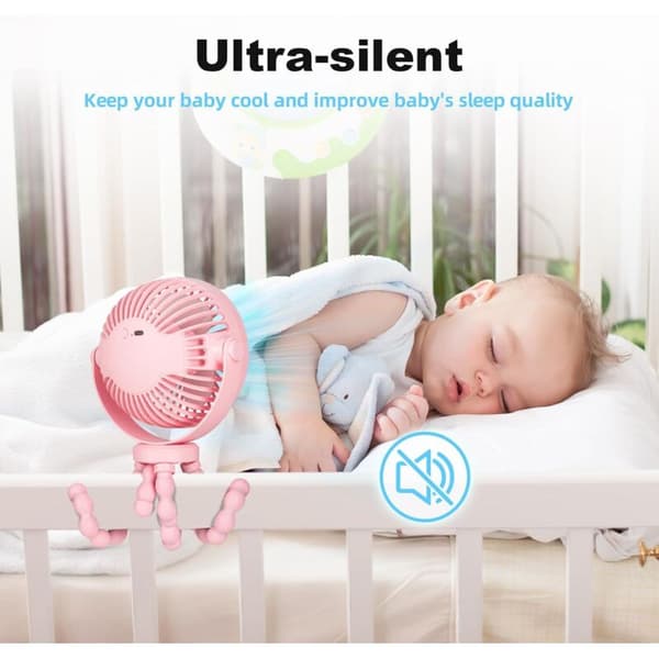 Mini bærbar klapvognsventilator. 360° roterende ventilator til autostol, tremmeseng og løbebånd. Pink