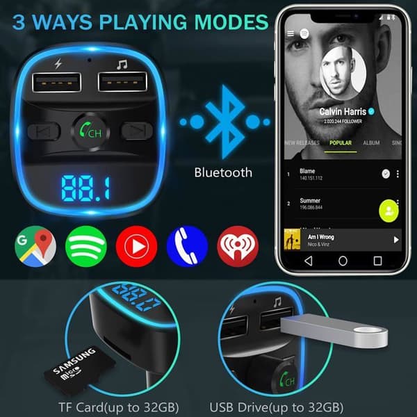Bluetooth FM-sender, Bluetooth MP3-spiller trådløs radioadapter bil FM-sender sett lader, håndfri samtale