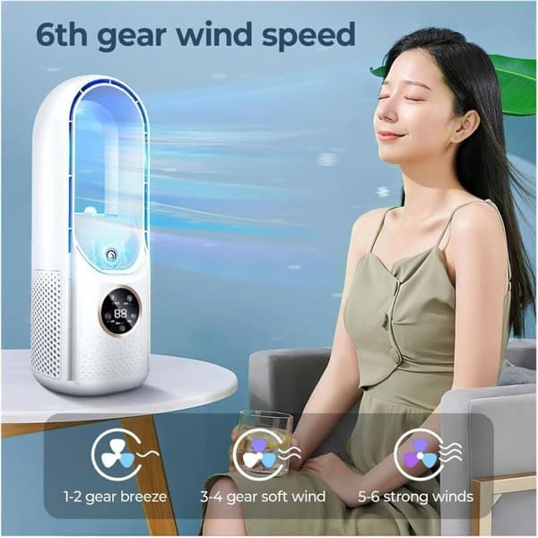 Bladeless ventilator, 6 hastigheder, bladløs køleventilator med luftfugter - hvid