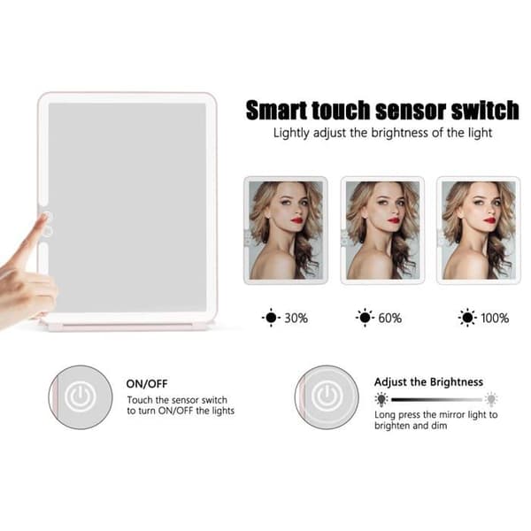 Makeupspejl, belyst makeupspejl, LED-spejl, touchscreen rejsespejl (pink)