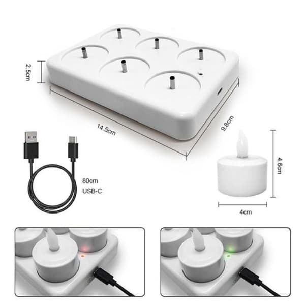 Flammeløse stearinlys med fjernkontroll, timer og ladestasjon; 6 USB oppladbare LED telys