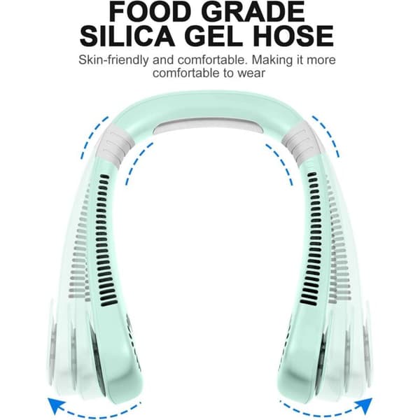 Mini bærbar halsventilator med 360° luftstrøm. Tre ventilatorhastigheder, kompakt og USB genopladelig - grøn.