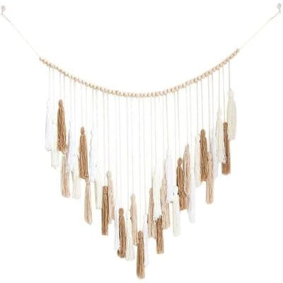 Stor Makrame Väggbonad 39 x 43 tum Vävd Boho Gobeläng Vit Beige Makrame Väggdekor med Pärla