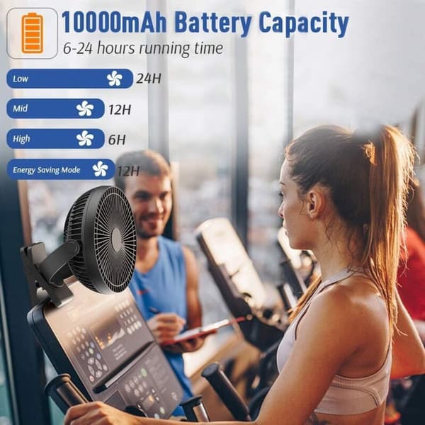 Batteridrevet clip-on ventilator, 20 cm. Bærbar USB-ventilator. 4 blæserhastigheder, robust klips (sort).