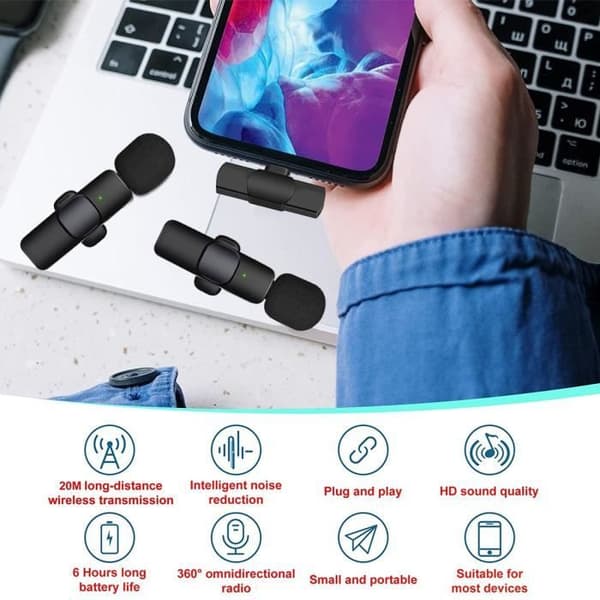 Lavalier-mikrofon med 2 mikrofoner - Trådløs - Plug and Play - Støyreduksjon