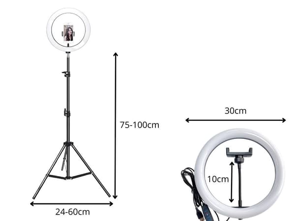 LED-ringlys + stativ - Mobilholder med 3 fargetoner