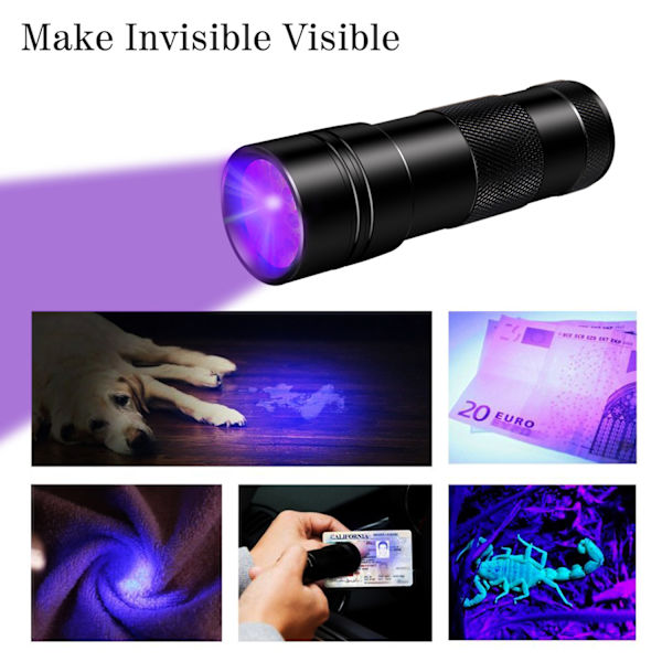 UV-taskulamppu 12 LED-valolla 395 nm Musta